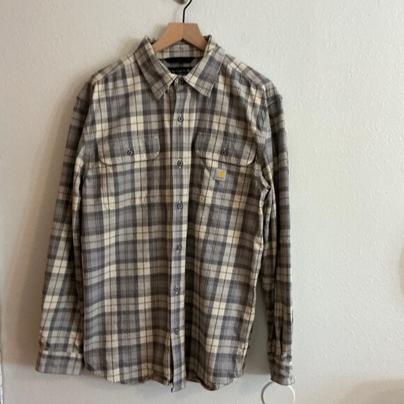 Carhartt Mens SZ M Loose Fit Flannel Heavyweight Gray Brown Plaid Workwear - Picture 1 of 10